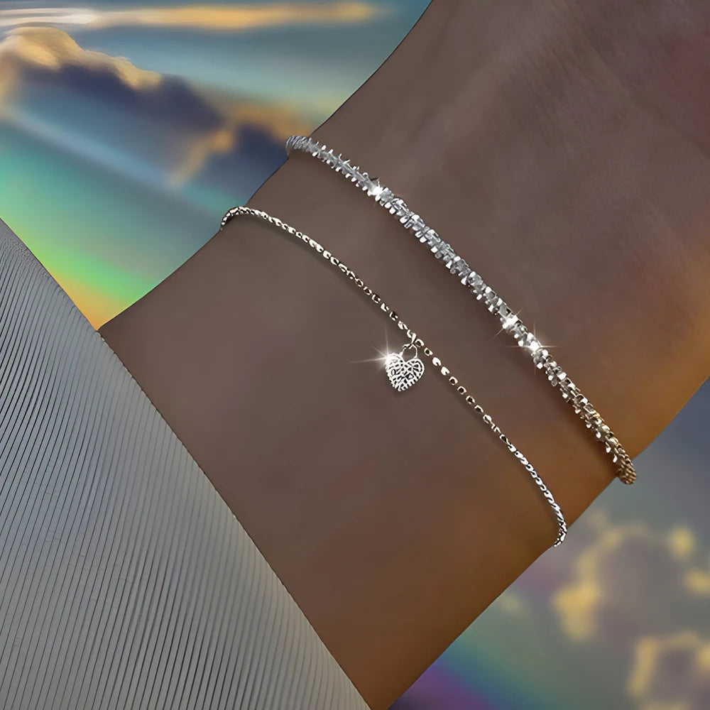 Shiny Silver Heart Chain Bracelets Set