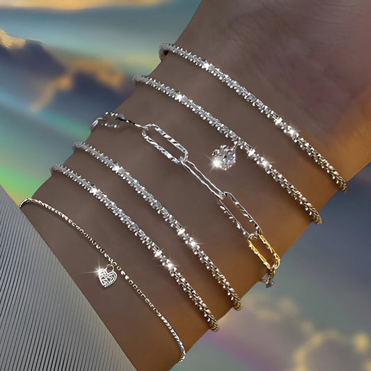 Shiny Silver Heart Chain Bracelets Set